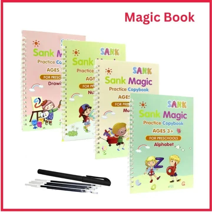 Sank Magic Practice Copybook (4 Books + Magic Pen & 10 Ink Refills) Sank Magic Book for Montessori Children Tracing  Handwriting First Preschool Baby Learning Books for Kids