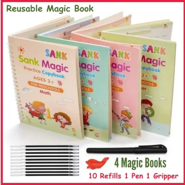 Sank Magic Practice Copybook (4 Books + Magic Pen & 10 Ink Refills) Sank Magic Book for Montessori Children Tracing  Handwriting First Preschool Baby Learning Books for Kids