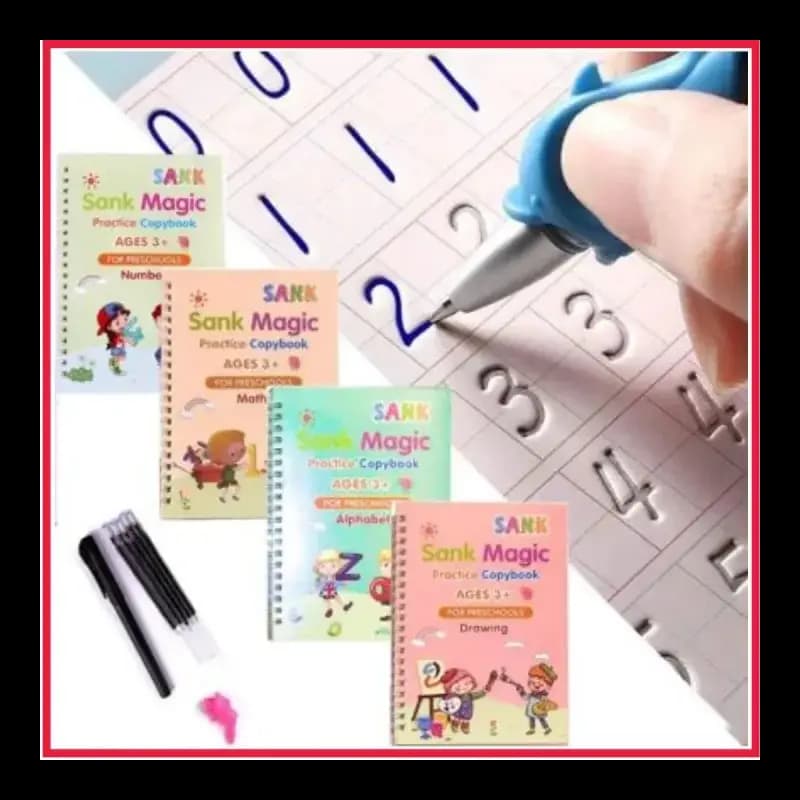 Sank Magic Practice Copybook (4 Books + Magic Pen & 10 Ink Refills) Sank Magic Book for Montessori Children Tracing  Handwriting First Preschool Baby Learning Books for Kids