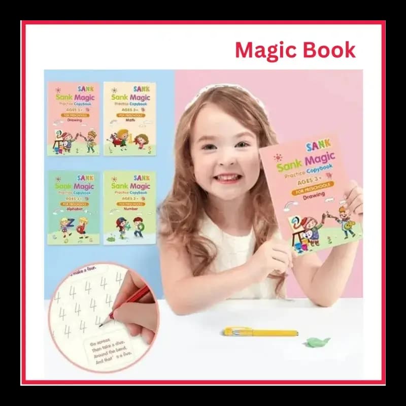 Sank Magic Practice Copybook (4 Books + Magic Pen & 10 Ink Refills) Sank Magic Book for Montessori Children Tracing  Handwriting First Preschool Baby Learning Books for Kids