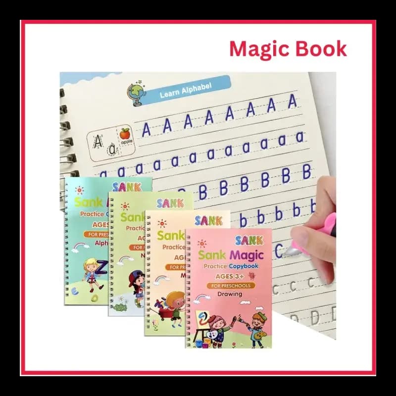 Sank Magic Practice Copybook (4 Books + Magic Pen & 10 Ink Refills) Sank Magic Book for Montessori Children Tracing  Handwriting First Preschool Baby Learning Books for Kids